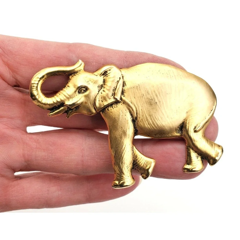 Vintage Brushed Gold Tone Elephant Brooch Pin